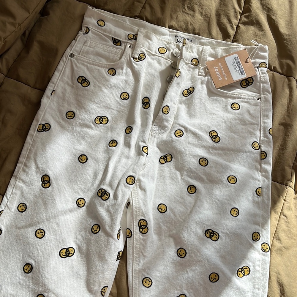 Reformation White Jeans with Yellow Smiley Print
